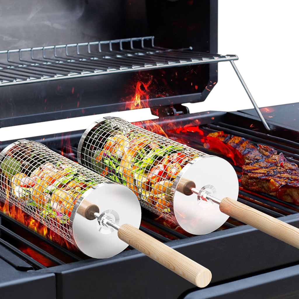 2PCS Rolling Grill Baskets, Round, 304 Stainless Steel, Gifts for Men Dad Husband