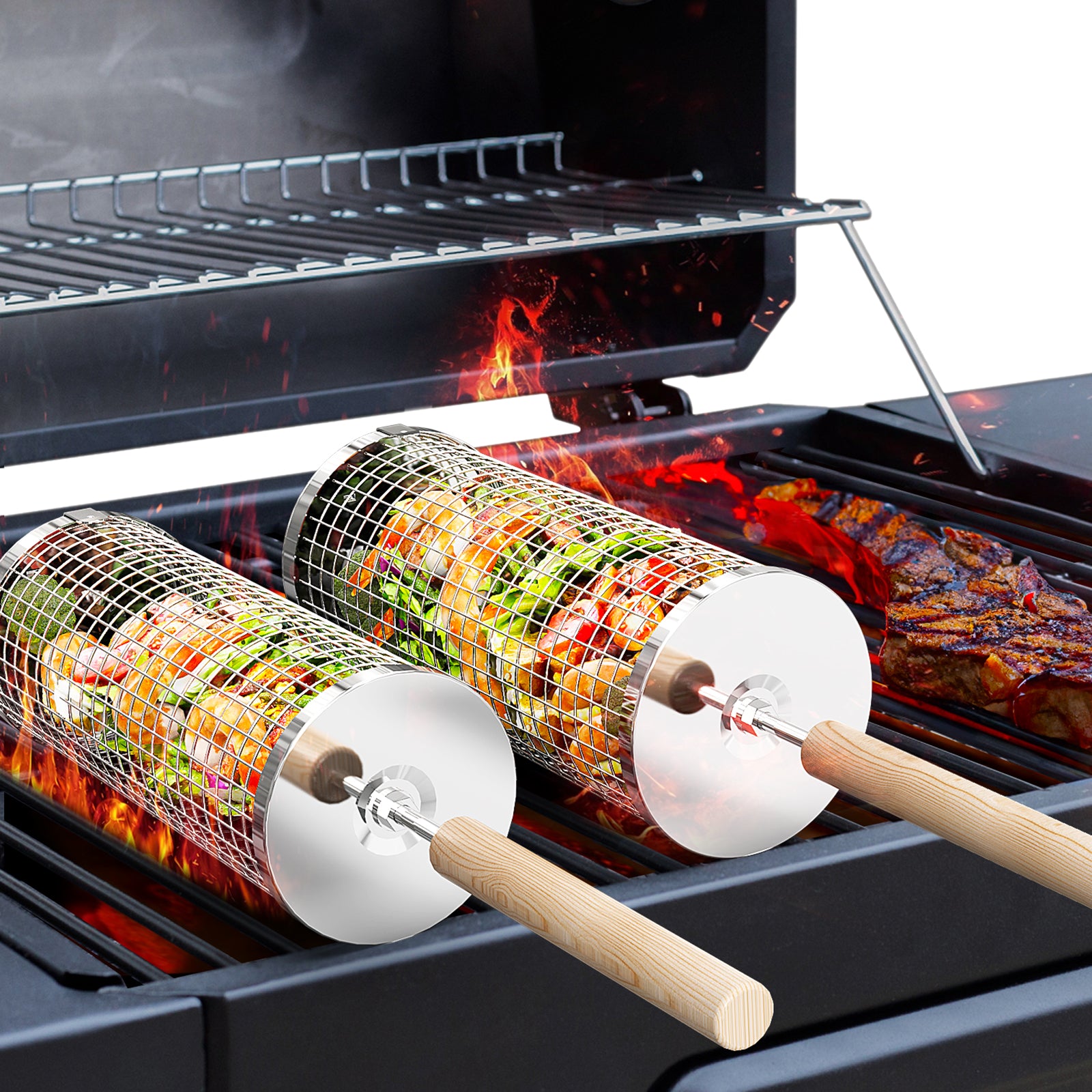 2PCS Rolling Grill Baskets, Round, 304 Stainless Steel, Gifts for Men Dad Husband