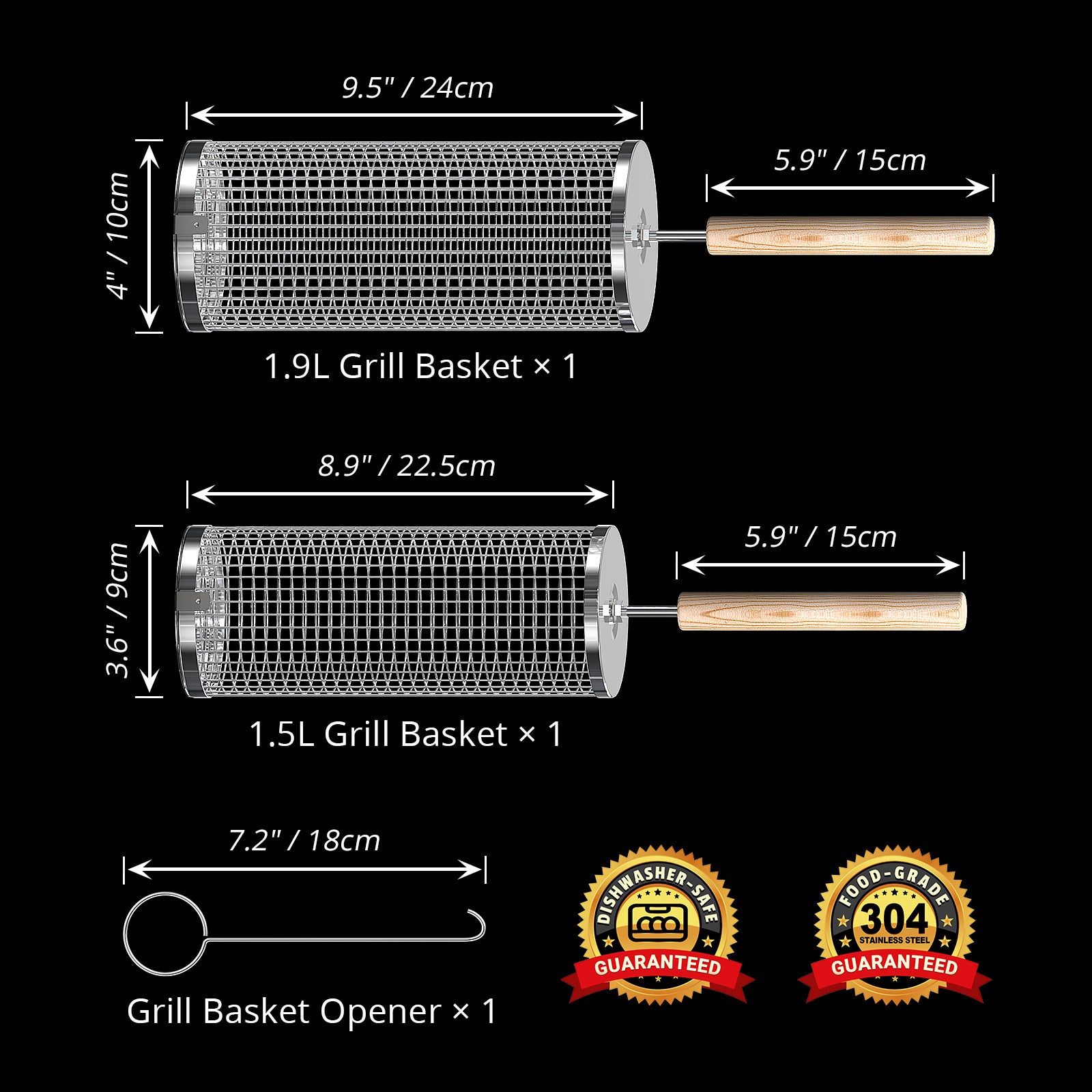 2PCS Rolling Grill Baskets, Round, 304 Stainless Steel, Gifts for Men Dad Husband
