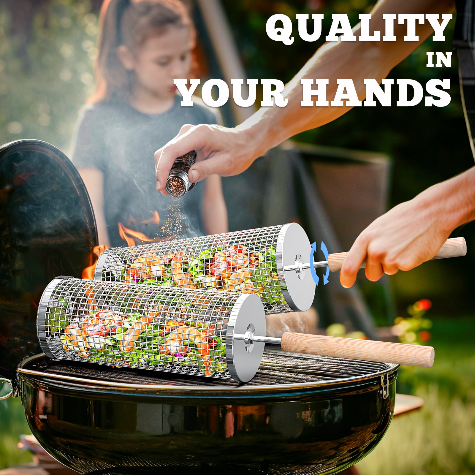 2PCS Rolling Grill Baskets, Round, 304 Stainless Steel, Gifts for Men Dad Husband