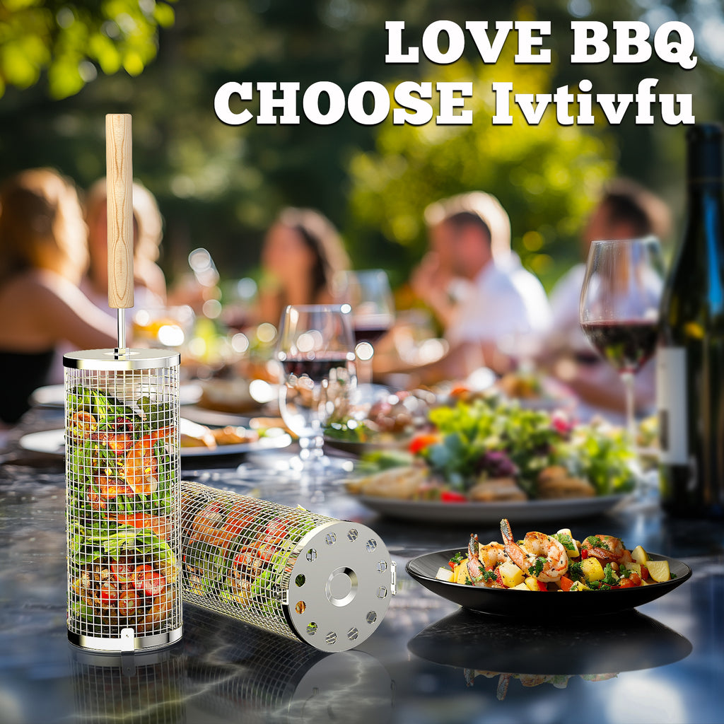 2PCS Rolling Grill Baskets, Round, 304 Stainless Steel, Gifts for Men Dad Husband
