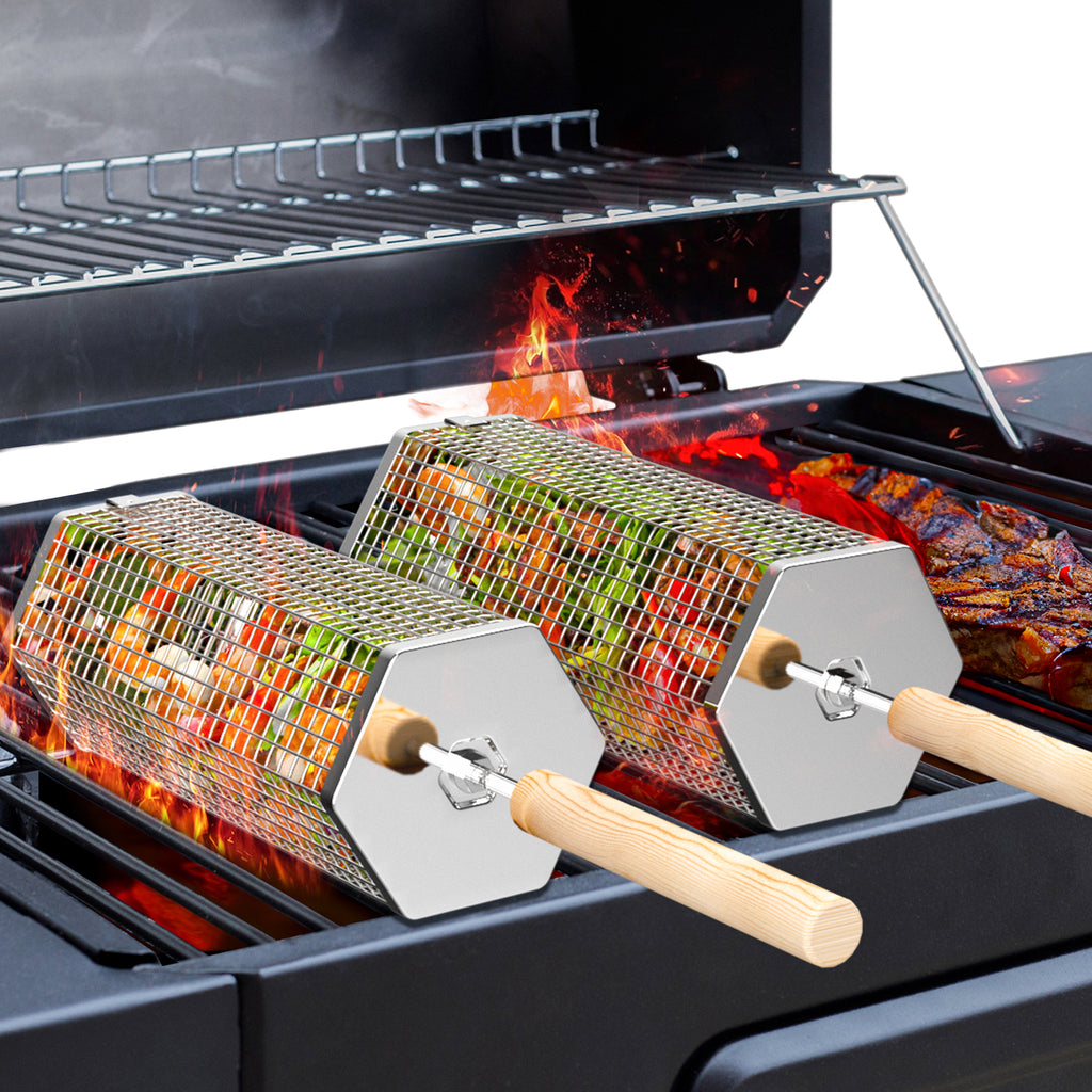 2PCS Rolling Grill Baskets, Hexagonal, 304 Stainless Steel, Gifts for Men Dad Husband