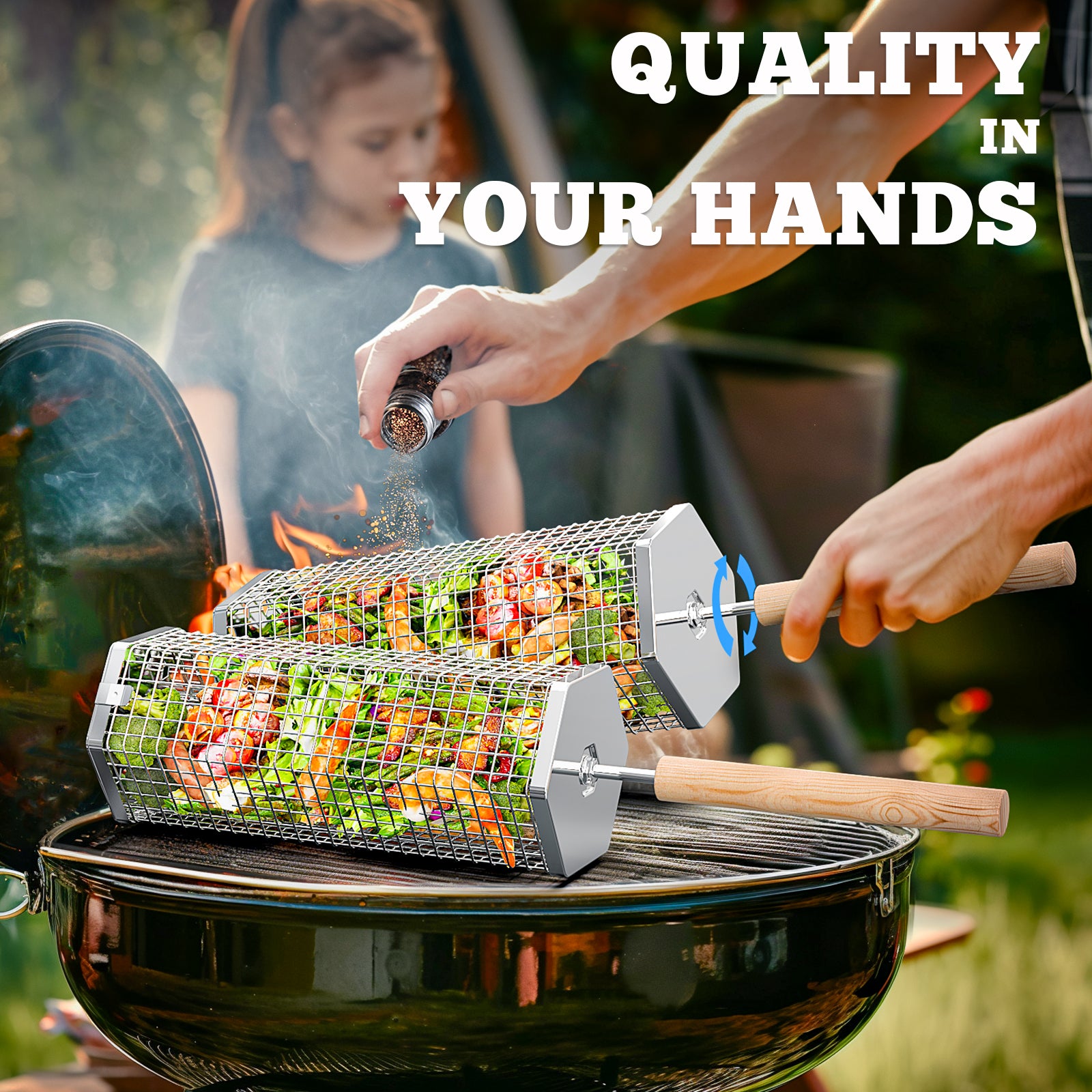 2PCS Rolling Grill Baskets, Hexagonal, 304 Stainless Steel, Gifts for Men Dad Husband